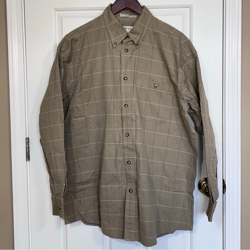 Orvis Men XL Herringbone Plaid Button Down Shirt Cotton Long Sleeve Khaki Green